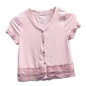 Justice Pink Crop Top with Lace Button Up Cap Sleeve Size 12 Excellent Condition